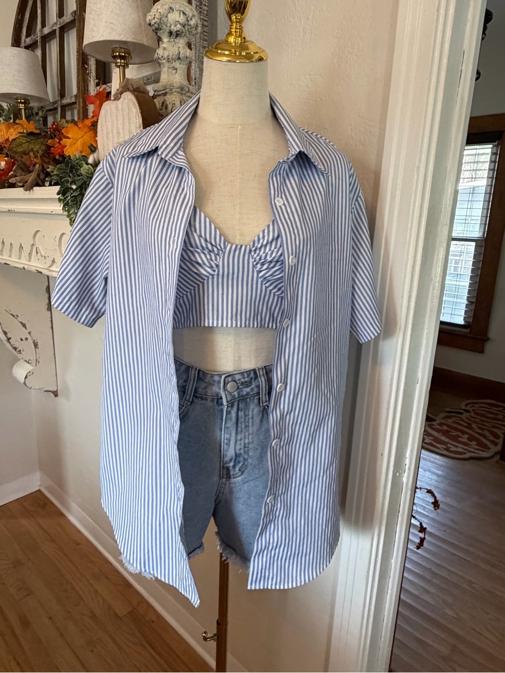 Blue & White Striped Button-Down Shirt with Matching Crop Top